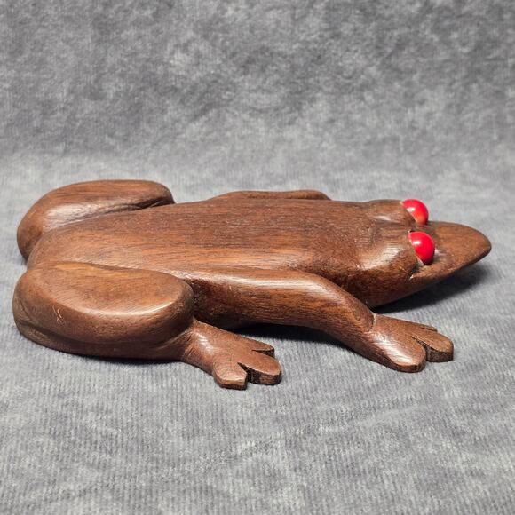 Vintage Hand Carved Mahogany Wooden Red Eyed Frog Toad Figurine - Picture 5 of 9